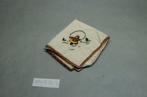 Image of Figure jumping rope. One of a set of 4 embroidered napkins, each with figure at play.